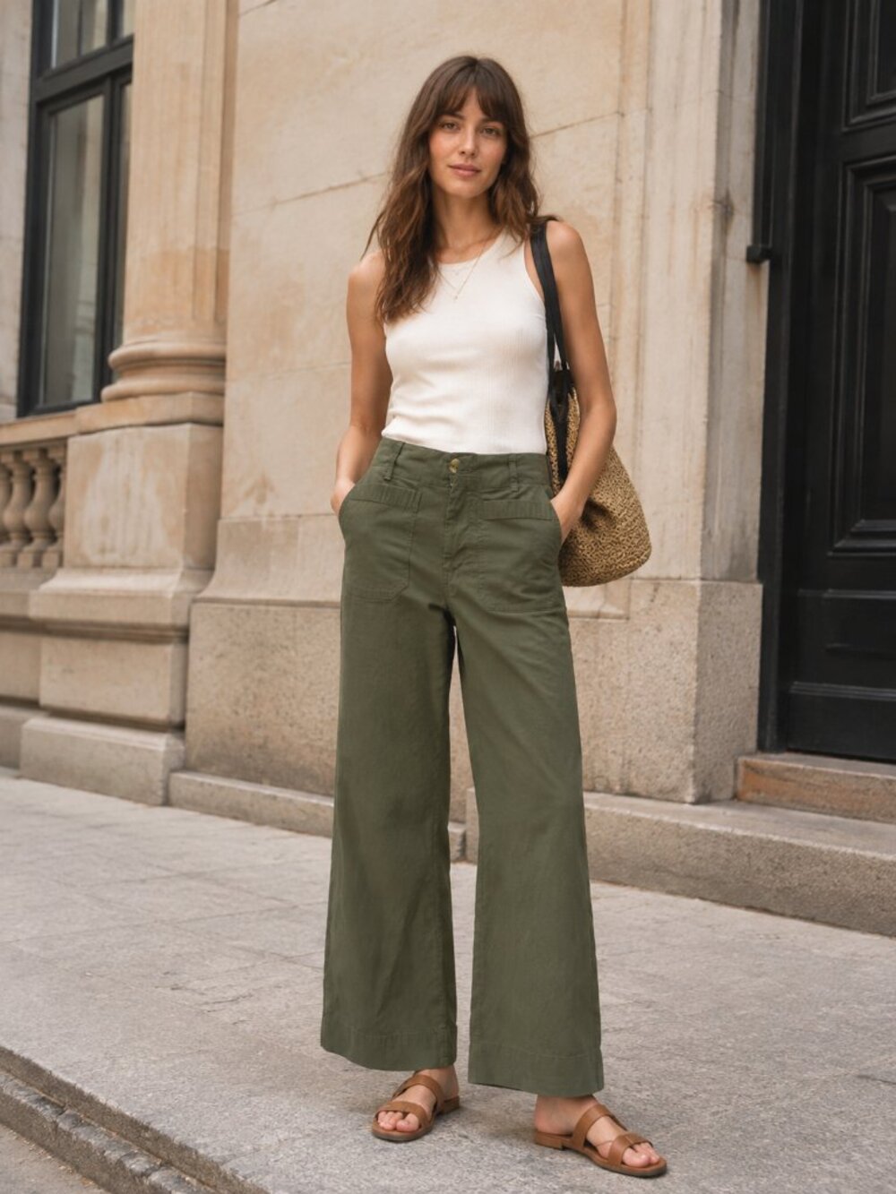 Anthropologie Maeve Colette Wide Leg Pants Olive Green Linen Size 24 High Rise - Picture 1 of 7